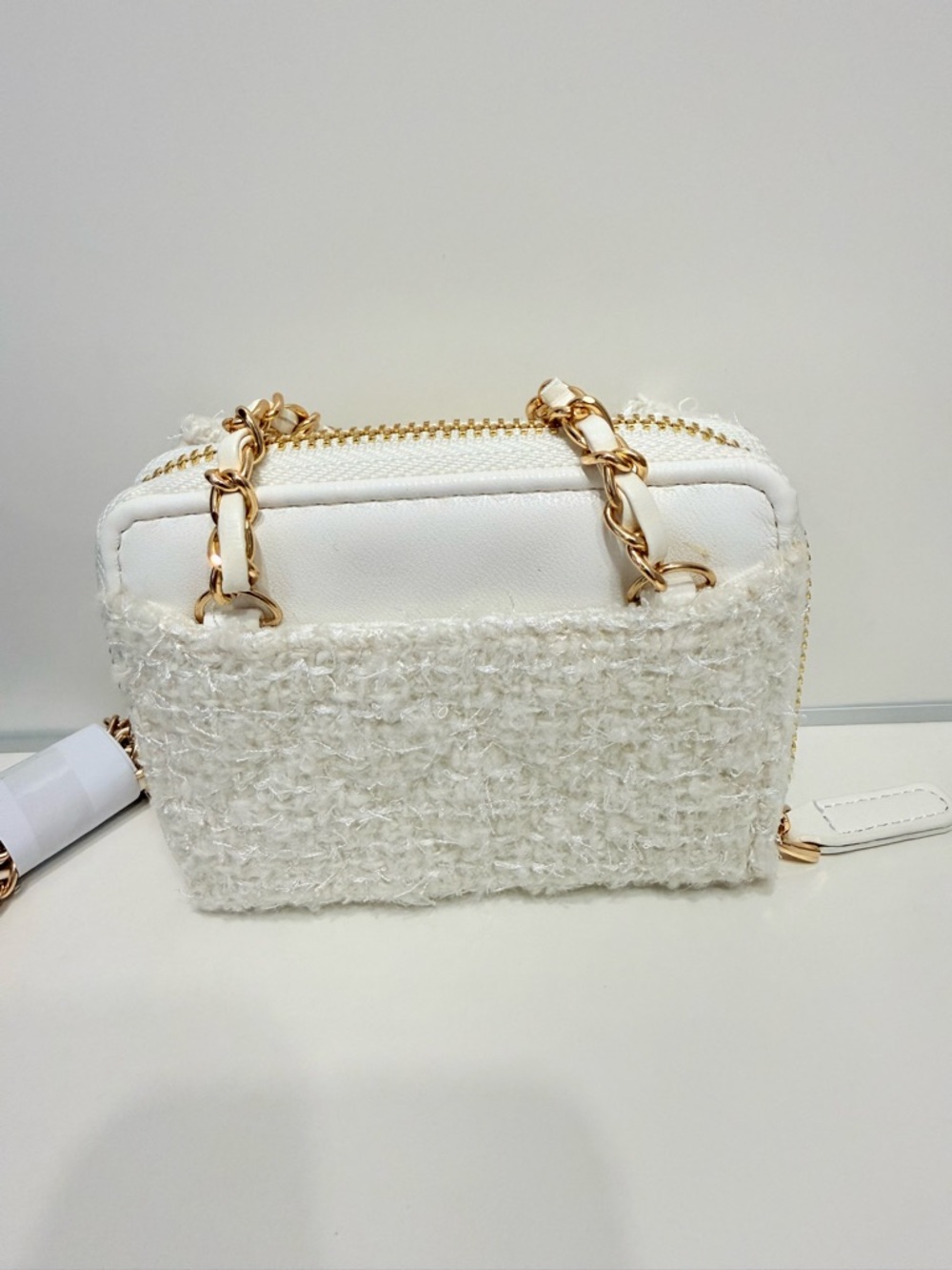 CHANEL Cream Tweed Mini Cosmetic Pouch with Gold Chain Strap - Picture 6 of 9